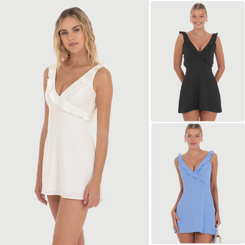 Damen Cocktailkleid mit rüschenverziertem V-Ausschnitt und schwingendem Rock EB
