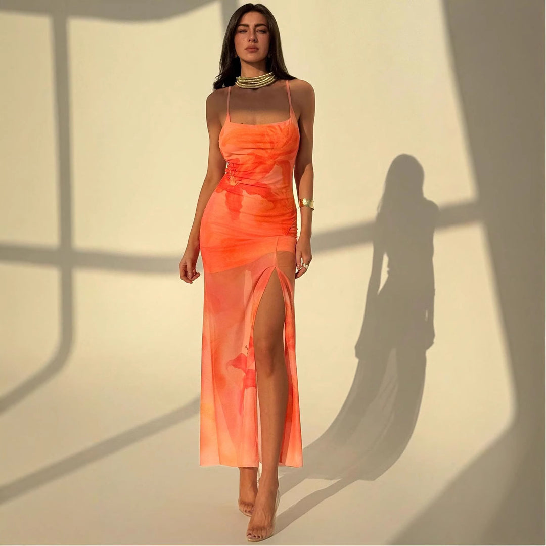 Damen Maxikleid mit seitlichem Schlitz und floralen Akzenten EB