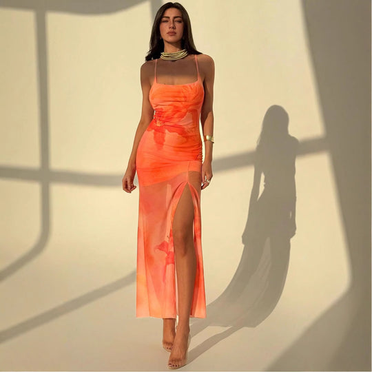 Damen Maxikleid mit seitlichem Schlitz und floralen Akzenten EB