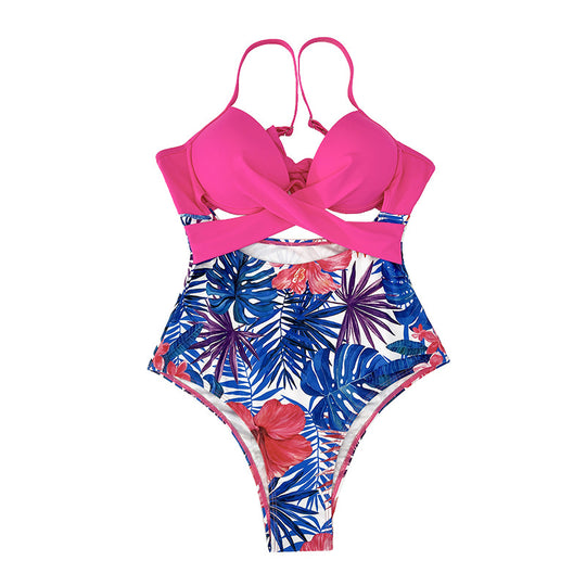 Damen High-Waist Badeanzug mit verführerischem Schnitt und tropischem Floral-Muster EB