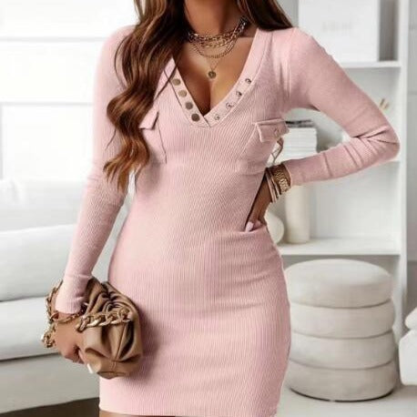 Damen figurbetontes Minikleid mit V-Ausschnitt und dekorativen Knopfdetails EB
