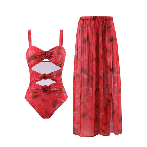Damen Einteiler Badeanzug mit floralem Design und transparentem Überrock EB