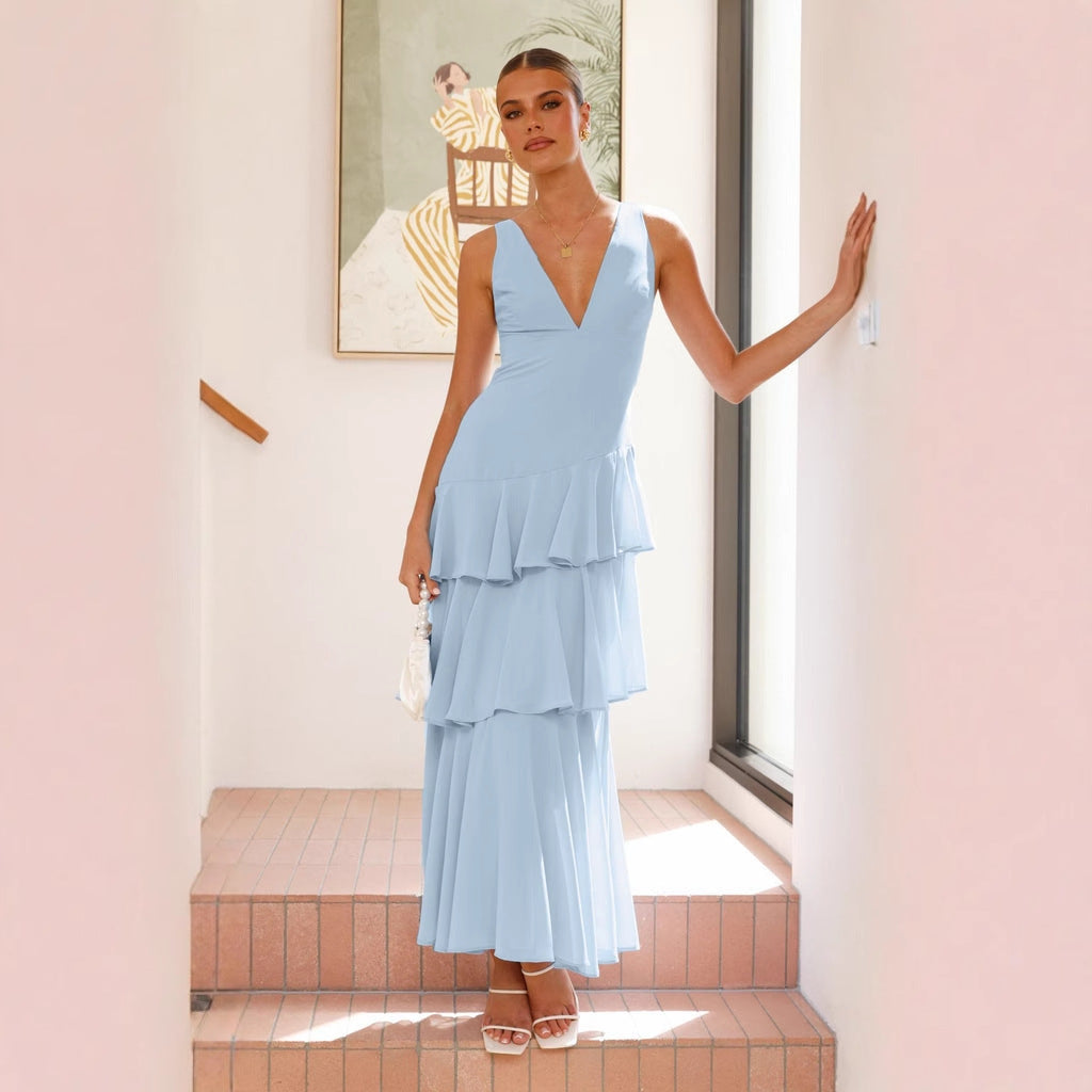Damen Maxi-Kleid mit eleganten Volants und tiefem V-Ausschnitt EB