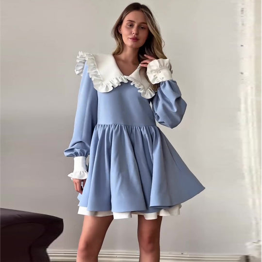 Damen Buntes Kleid mit weitschwingendem Rock und voluminösen Ärmeln EB