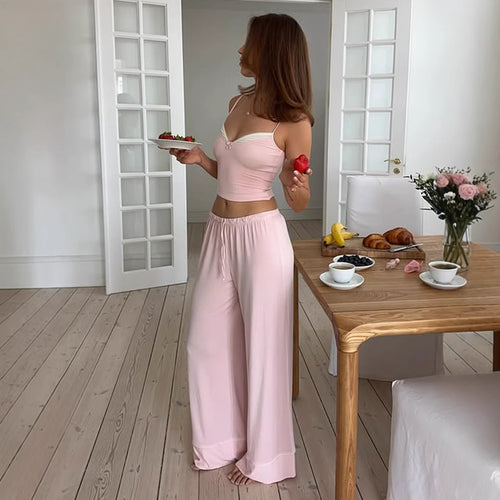Damen Schlafanzug Set mit Spaghetti-Trägern und weitem Bein EB