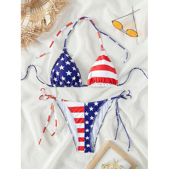 Damen Triangel-Bikini mit verstellbaren Schleifen und patriotischem Design EB