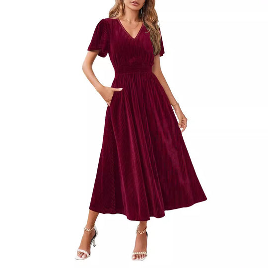 Damen Midikleid mit V-Ausschnitt und voluminösen Ärmeln EB