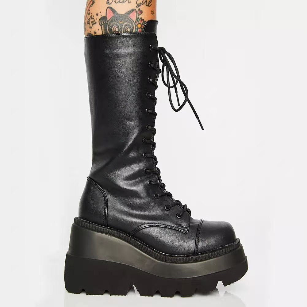Damen Hochwertige Schnürstiefel mit Plateauabsatz und seitlichem Reißverschluss EB