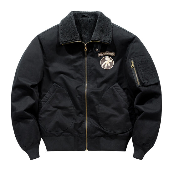 Men's  shearling-collar aviator bomber jacket with utility sleeve pocket EB