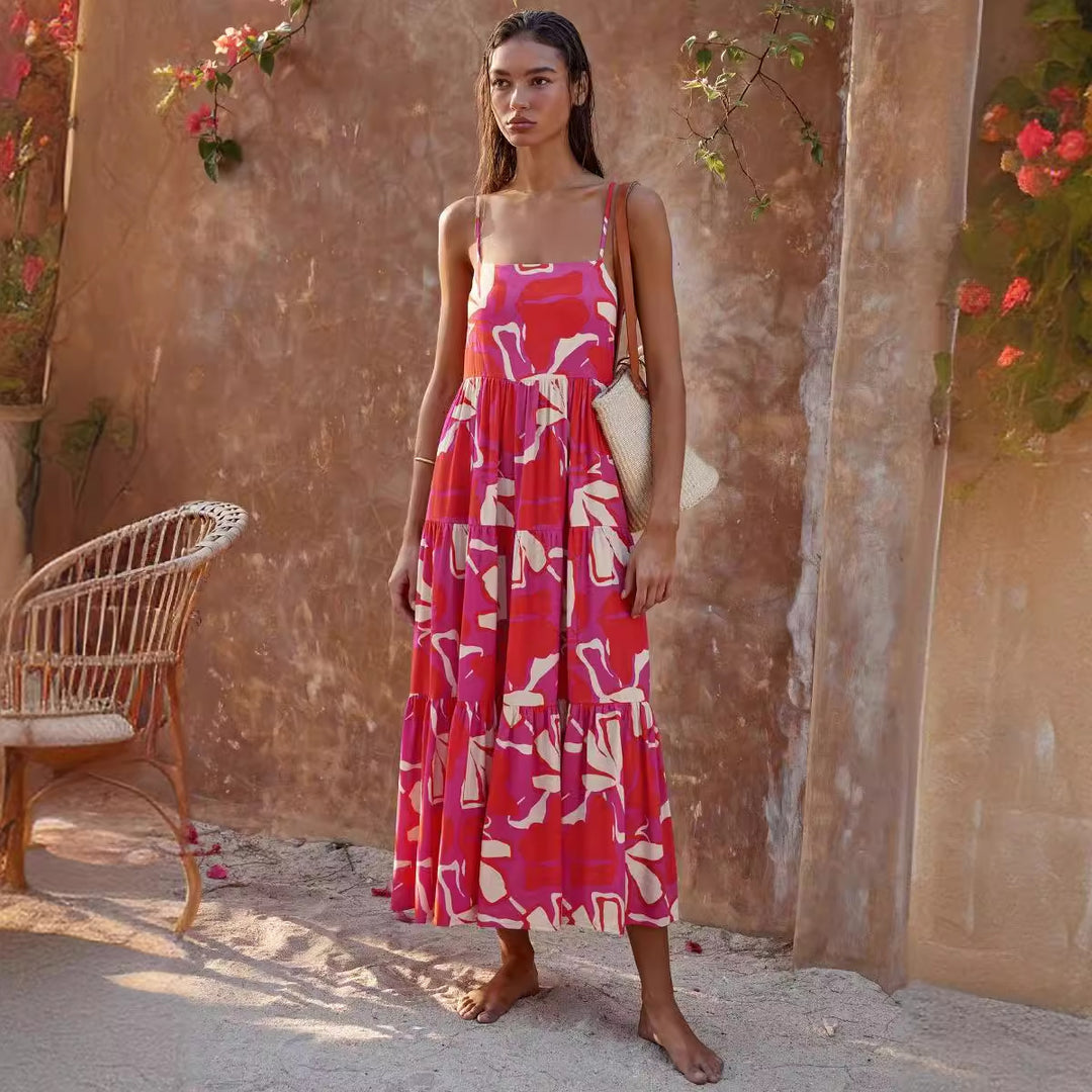 Damen Maxikleid mit voluminösem Rock und kreativem Blattdruck EB