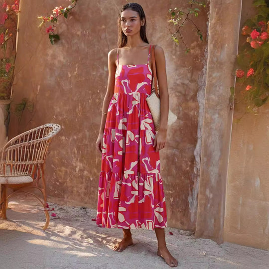 Damen Maxikleid mit voluminösem Rock und kreativem Blattdruck EB