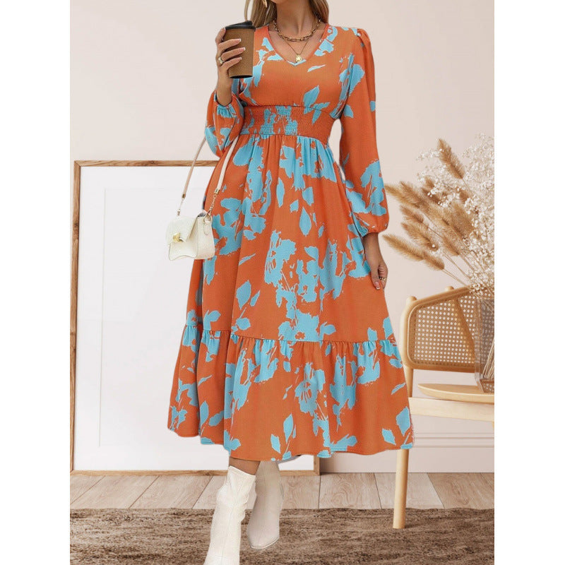 Damen Langarm Maxikleid mit floralen Mustern und voluminösen Ärmeln EB