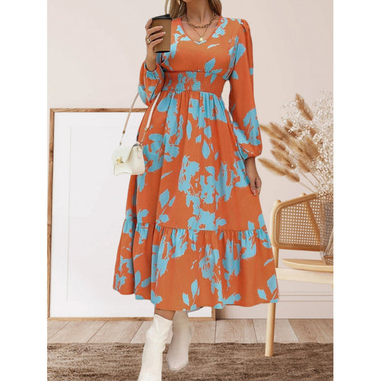Damen Langarm Maxikleid mit floralen Mustern und voluminösen Ärmeln EB