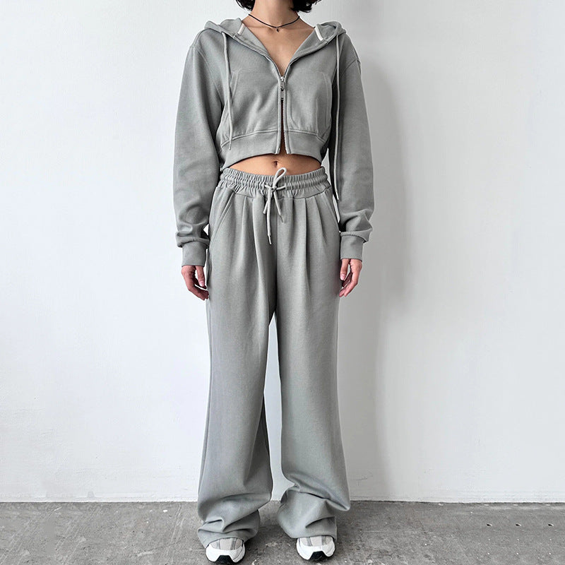 Damen kurzes Zip-Kapuzenjacken- und High-Waist Wide-Leg Jogginghose Set aus weichem French Terry EB