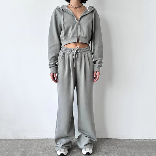Damen kurzes Zip-Kapuzenjacken- und High-Waist Wide-Leg Jogginghose Set aus weichem French Terry EB