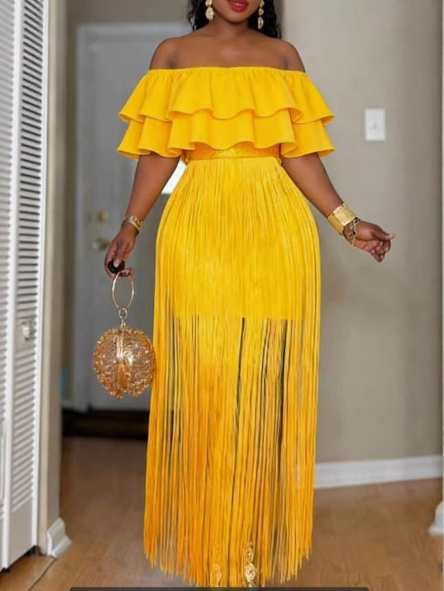 Damen Elegantes Off-Shoulder Kleid mit voluminösem Rüschensaum und fransigem Design EB