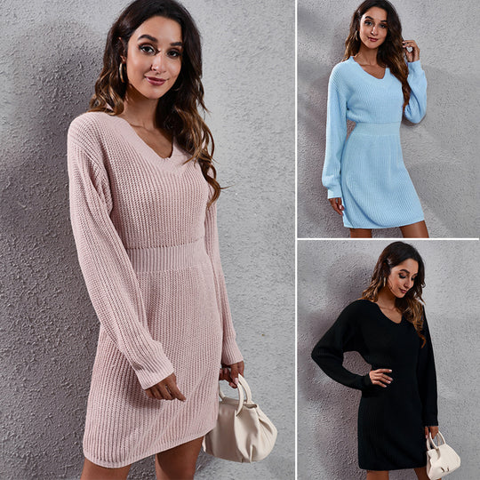 Damen Strickkleid mit V-Ausschnitt und lässigem Schnitt EB
