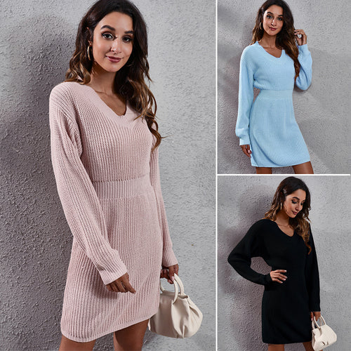 Damen Strickkleid mit V-Ausschnitt und lässigem Schnitt EB