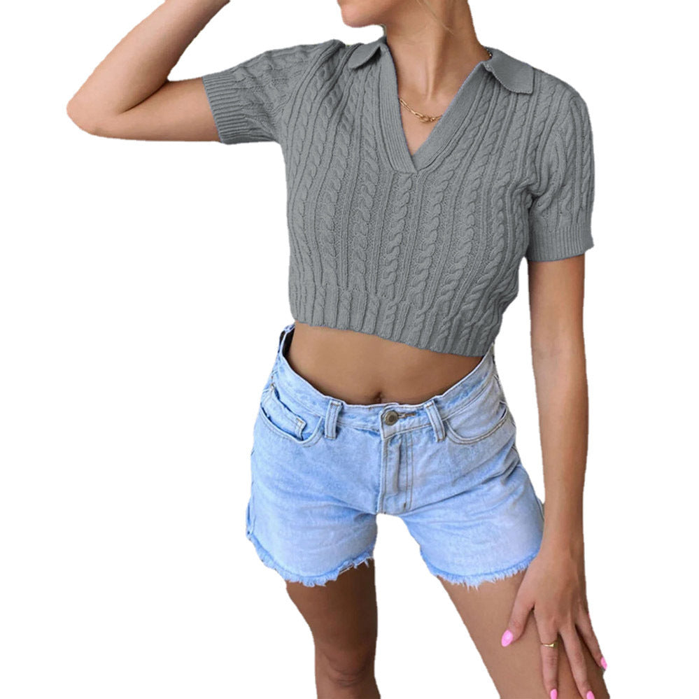 Damen Kurzarm-Pullover mit V-Ausschnitt und edler Kabelmusterstruktur EB