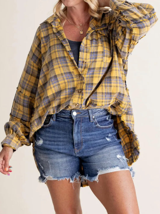Damen nan oversized Karo-Überhemd mit Fransenbesatz, Brusttaschen und lockerer Passform EB