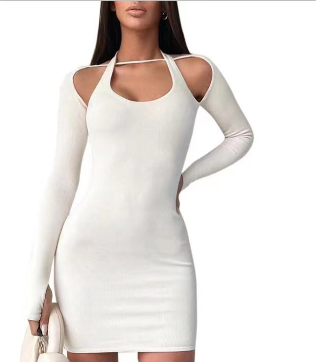 Damen Einseitig Offenes Mini-Kleid mit Langarm EB