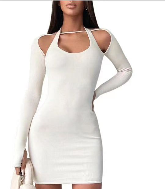 Damen Einseitig Offenes Mini-Kleid mit Langarm EB