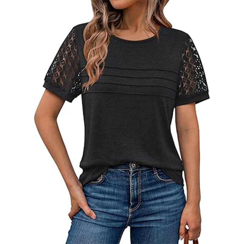 Damen luftiges T-Shirt mit attraktiven Häkelärmeln EB