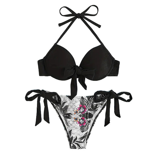 Damen Bikini mit knotenförmigem Oberteil und floralem Unterteil EB