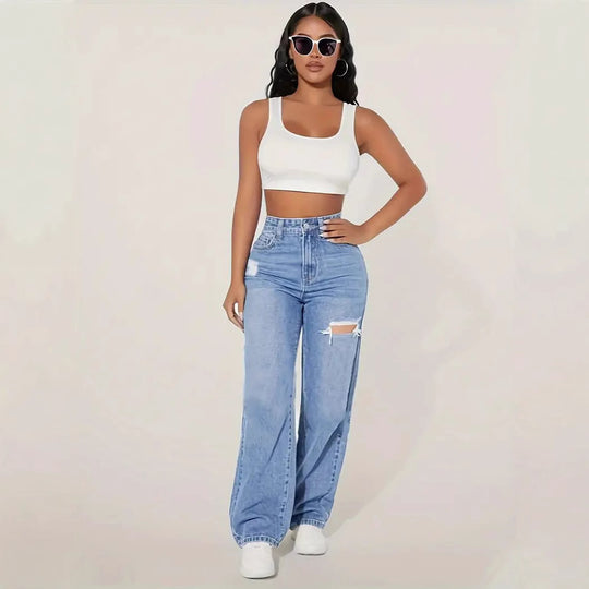 Damen Weite Denim-Hose mit trendigen Rissdetails und hohem Bund EB