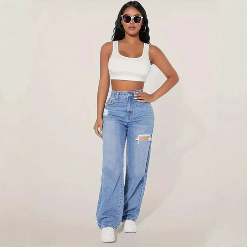 Damen Weite Denim-Hose mit trendigen Rissdetails und hohem Bund EB