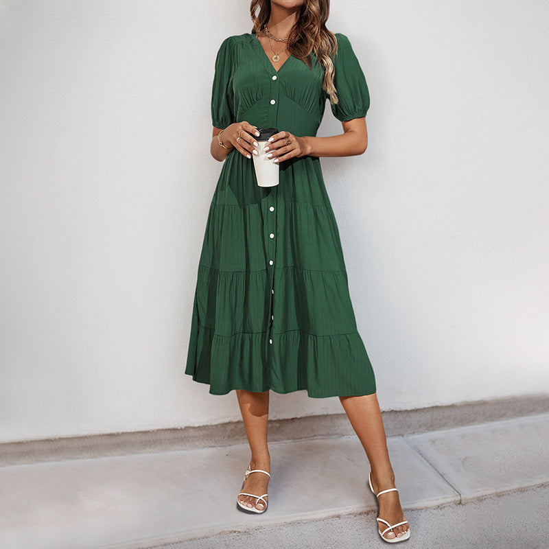 Damen Midikleid mit Knopfleiste und Rüschensaum EB