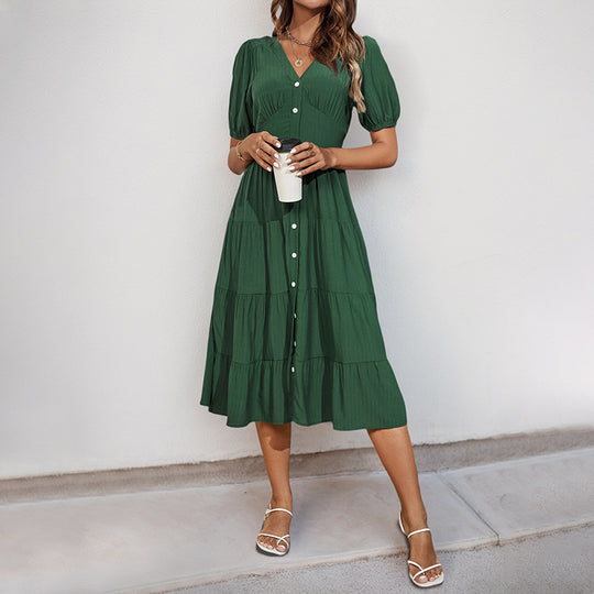 Damen Midikleid mit Knopfleiste und Rüschensaum EB