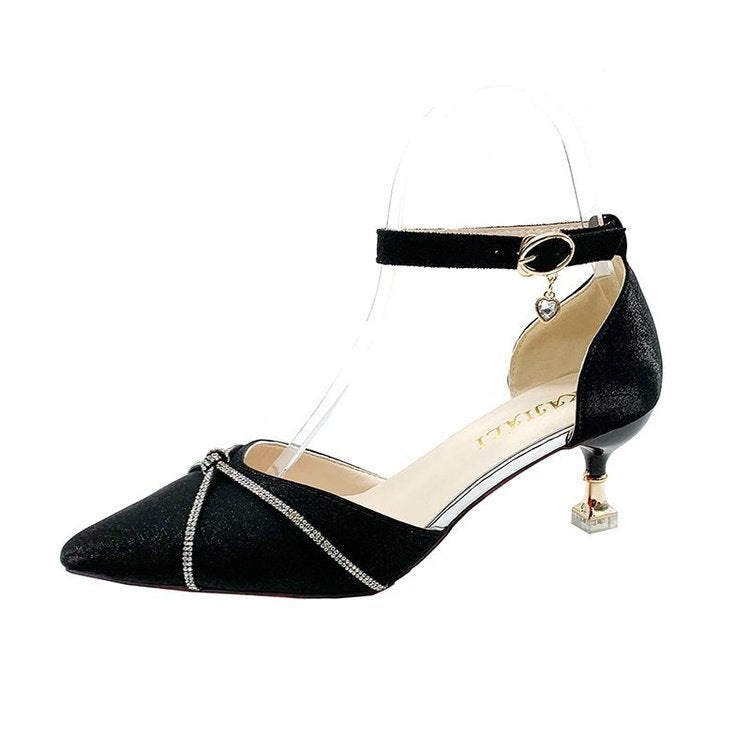 Damen elegante Ballerinas mit zierlichem Knöchelriemen und funkelndem Akzent EB