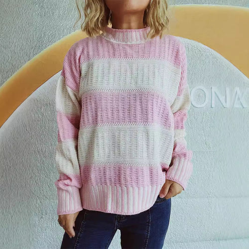 Damen lässiger Strickpullover mit modernem Streifenmuster und warmem Material EB