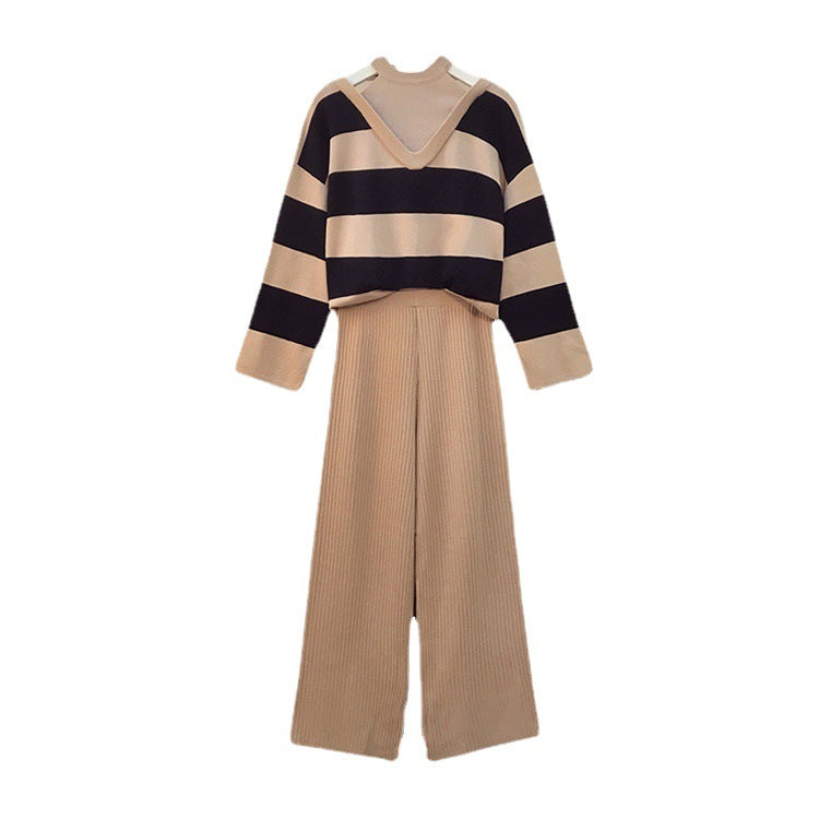 Damen modisches Strick-Loungewear-Set mit Streifenmuster und hohem Kragen EB