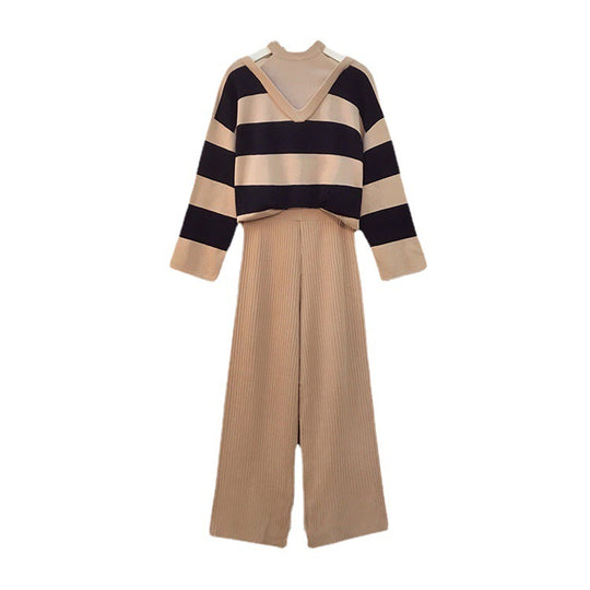 Damen modisches Strick-Loungewear-Set mit Streifenmuster und hohem Kragen EB