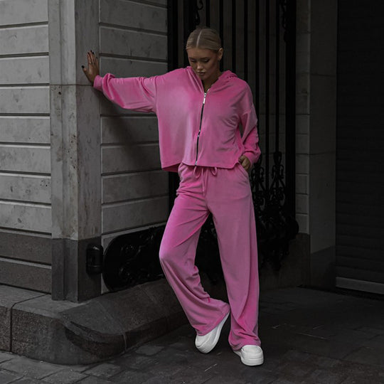 Damen kuscheliges Velours-Zweiteiler mit kurzem Reißverschluss-Hoodie, Tunnelzugbund und weitem Palazzo-Jogger EB