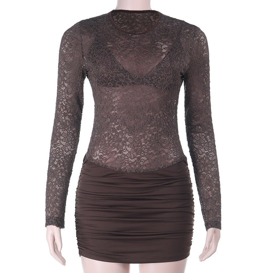 Damen verlaufendes Minikleid mit Spitzenoberteil und langem Arm EB
