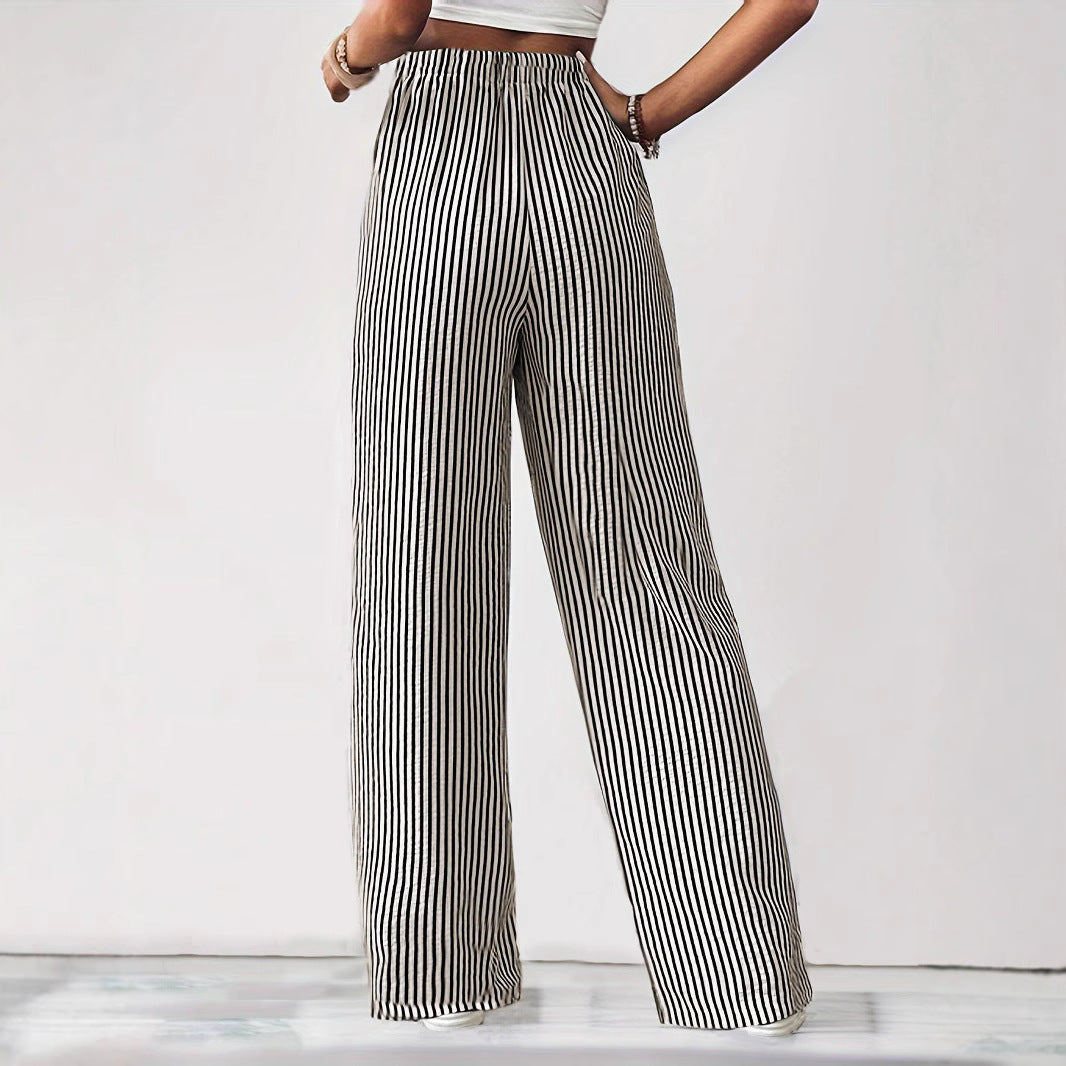 Damen Weit geschnittene Streifenhose mit elastischem Bund und Taschen EB