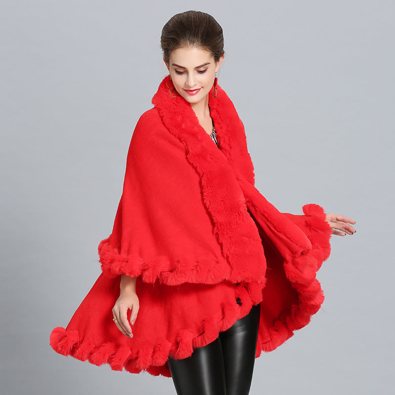 Damen Kapuzenponcho mit luxuriösem Fellkragen und eleganter Umrandung EB