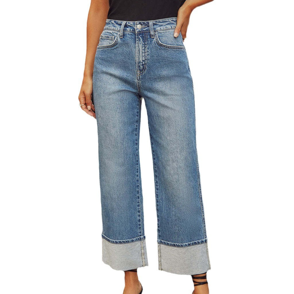 Damen nan hochgeschnittene Culotte-Jeans mit breitem Umschlag und geradem Bein EB