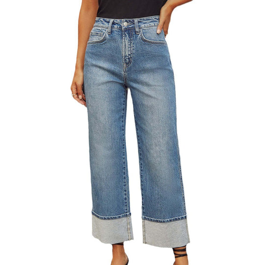 Damen nan hochgeschnittene Culotte-Jeans mit breitem Umschlag und geradem Bein EB