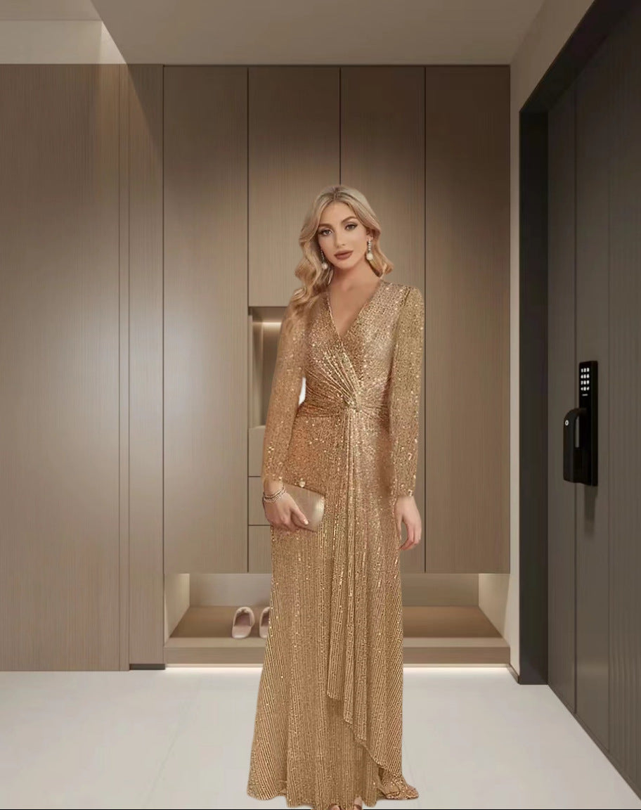 Damen Elegantes Pailletten Abendkleid mit Wickeloptik und langen Ärmeln EB