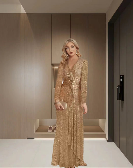 Damen Elegantes Pailletten Abendkleid mit Wickeloptik und langen Ärmeln EB