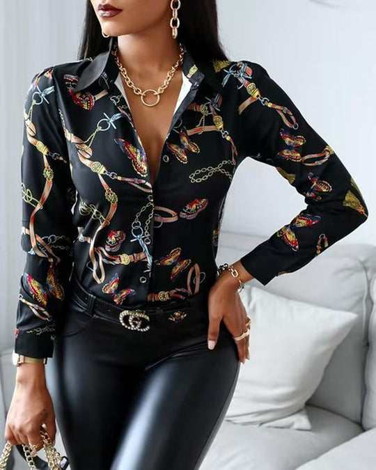 Damen elegante Bluse mit künstlerischem Druck und dekorativen Akzenten EB