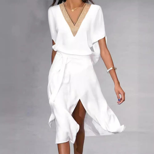 Damen elegantes Kimono-Style Strandkleid mit Gürtel und V-Ausschnitt EB