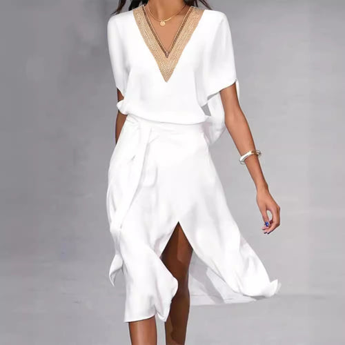 Damen elegantes Kimono-Style Strandkleid mit Gürtel und V-Ausschnitt EB