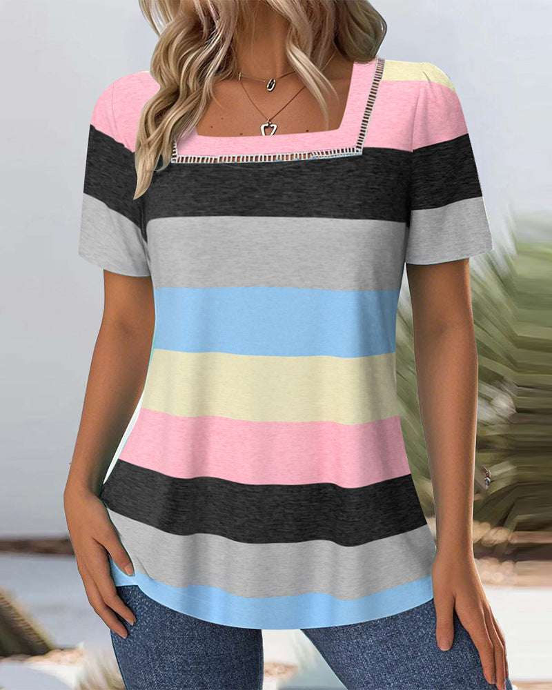 Damen T-Shirt mit modernem Streifenmuster und dekorativem Rundhalsausschnitt Heidi-Mode