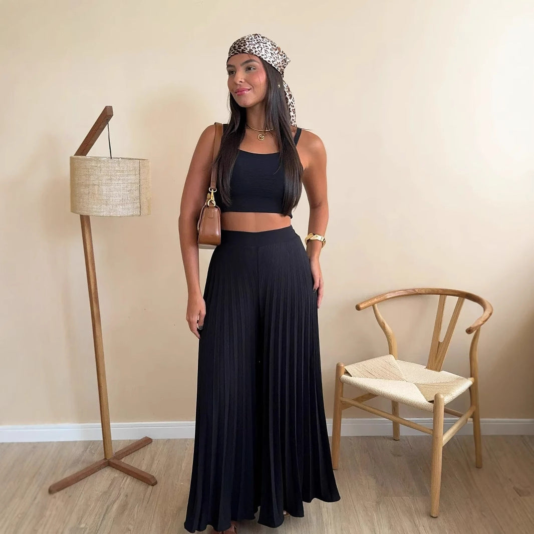 Damen Plissierte weite Hose mit Bindegürtel EB
