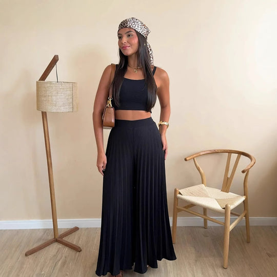 Damen Plissierte weite Hose mit Bindegürtel EB